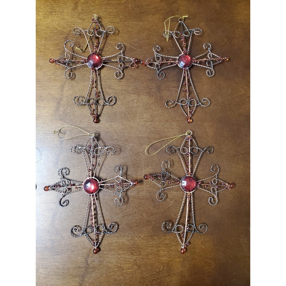 Lot‎ 11 Wire Cross Ornaments Red Beaded Rustic Christian Decor + 1 Repair